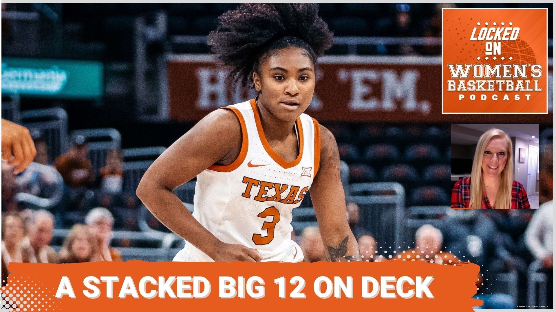Graphic with a photo of Texas' Rori Harmon and text overlay that reads "stacked Big 12 on deck."