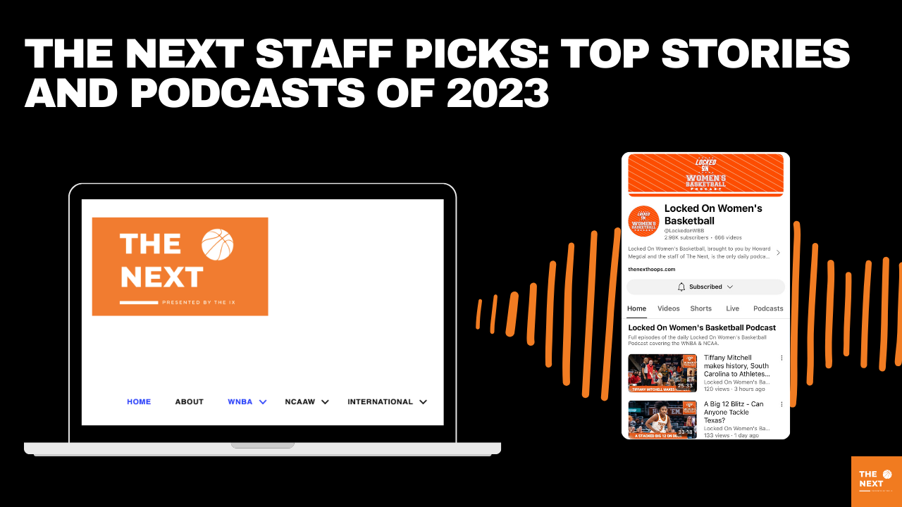 Graphic with black background, white top text reads "The Next staff picks: Top Stories and podcasts of 2023". Laptop with The Next's homepage and phone with Locked On Women's Basketball Youtube page are below the text.