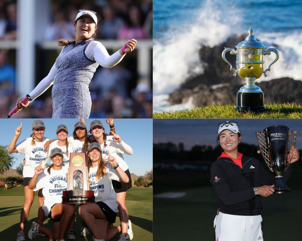 A snapshot of women's golf's biggest moments: Lilia Vu winning the AIG Women's Open, the U.S. Open trophy at Pebble Beach, the Wake Forest women's golf team winning the NCAA DI title, and Rose Zhang holding the inaugural Mizuho Americas Open.