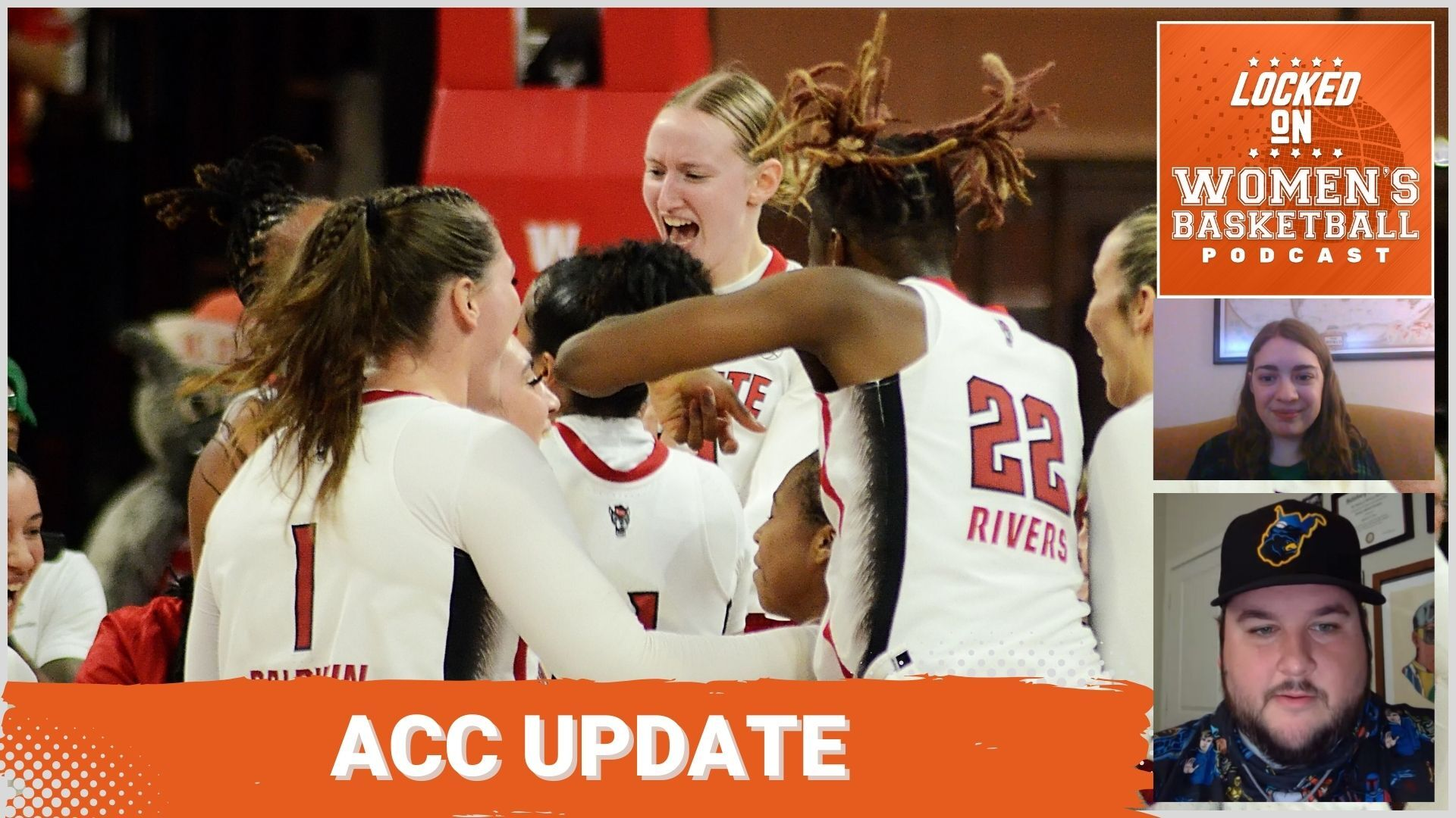 Graphic with photo of NC State celebrating on the court. Text below reads "ACC Update." Locked On Women's Basketball logo at top right. Head shots of host Natalie Heavren and guest Mitchell Northam at lower right.