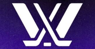 PWHL logo is pictured. It is a graphic of two crossed hockey sticks forming the center of a W.