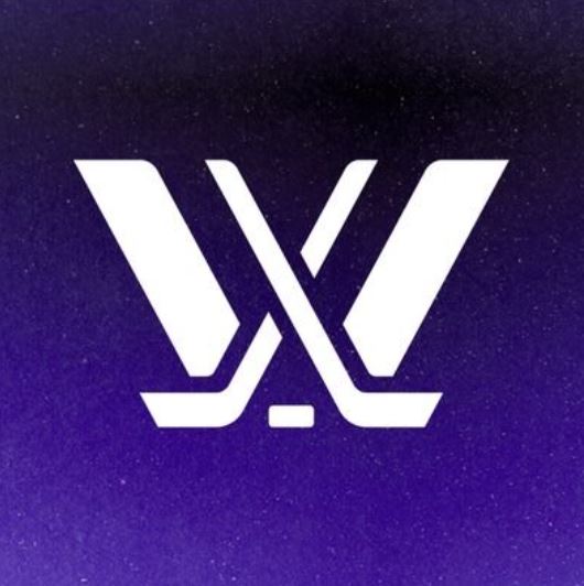 PWHL logo is pictured. It is a graphic of two crossed hockey sticks forming the center of a W.