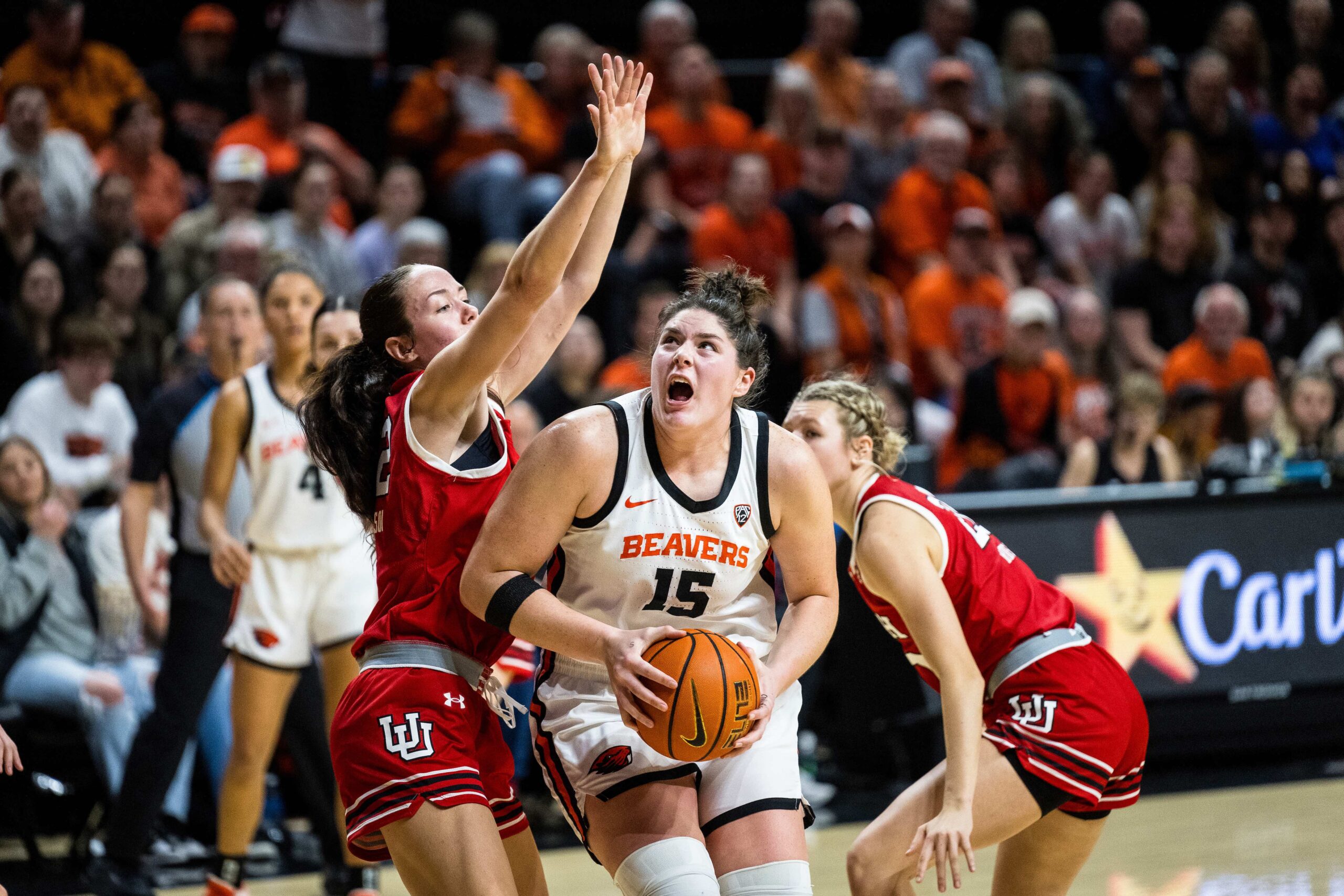 Oregon State's Raegan Beers looks to score in the paint against Utah.