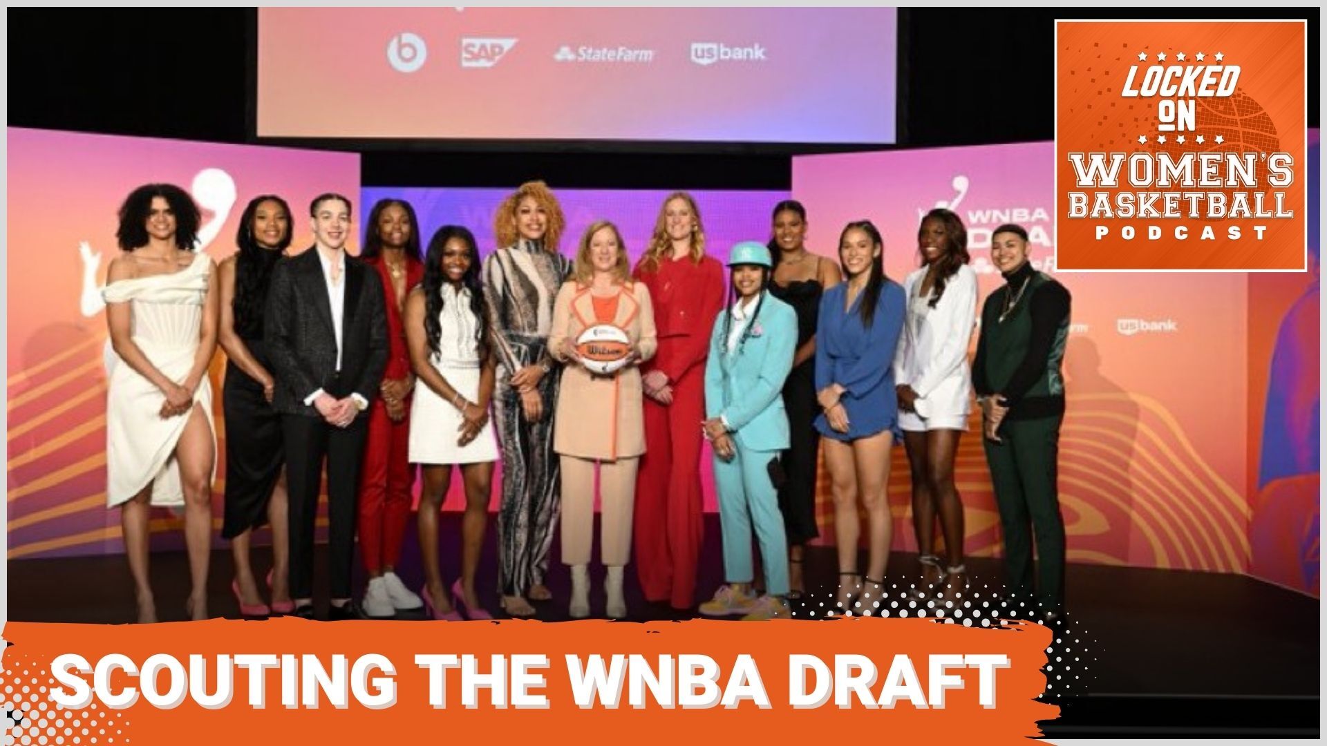 Picks from the 2022 WNBA Draft pose for a photo with WNBA commissioner Cathy Engelbert. The text "Scouting the WNBA Draft" is overlaid at the bottom in all caps, and the orange Locked on Women's Basketball logo is in the top right corner.