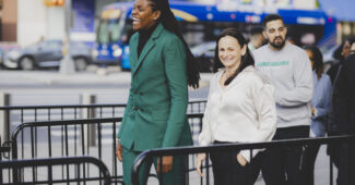 Jonquel Jones arrives at the Barclays Center in Brooklyn, N.Y., to be officially introduced as a member of the New York Liberty on Jan. 20, 2023. (Photo credit: Brandon Todd/New York Liberty)