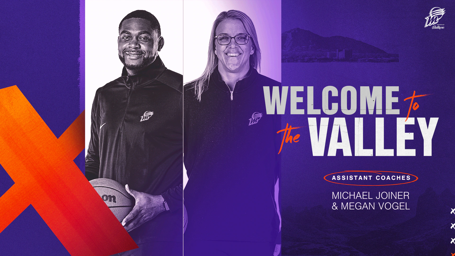 A graphic welcoming assistant coaches Megan Vogel and Michael Joiner to the Phoenix Mercury.