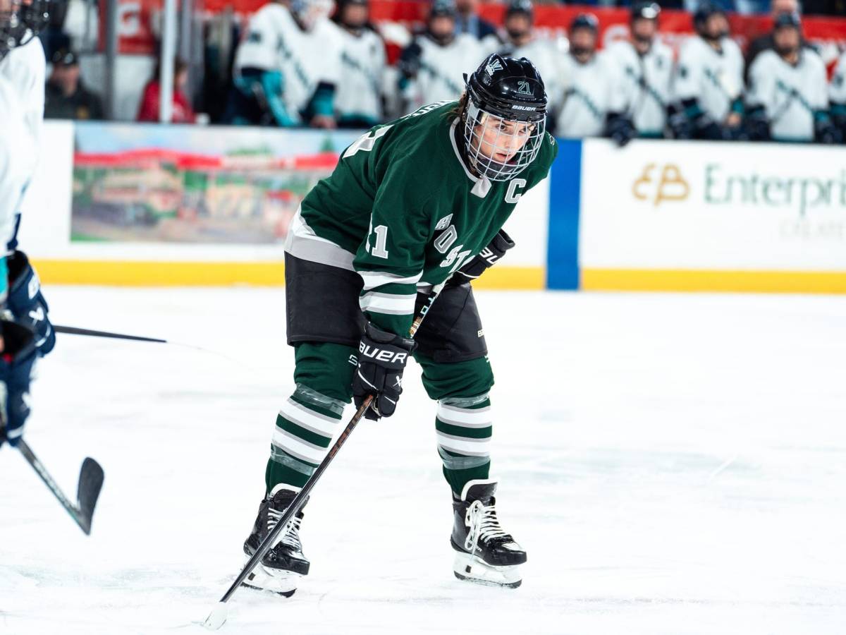 Hilary Knight, wearing a green home uniform, prepares for a faceoff during a game.