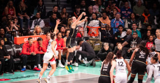 Sabrina Ionescu shoots a three-pointer during Game 3 of the WNBA Finals between the New York Liberty and Las Vegas Aces. (Domenic Allegra photo)