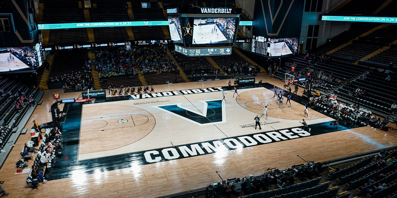 Birds-eye view of the Vanderbilt home court during a women's basketball game against Texas A&M.