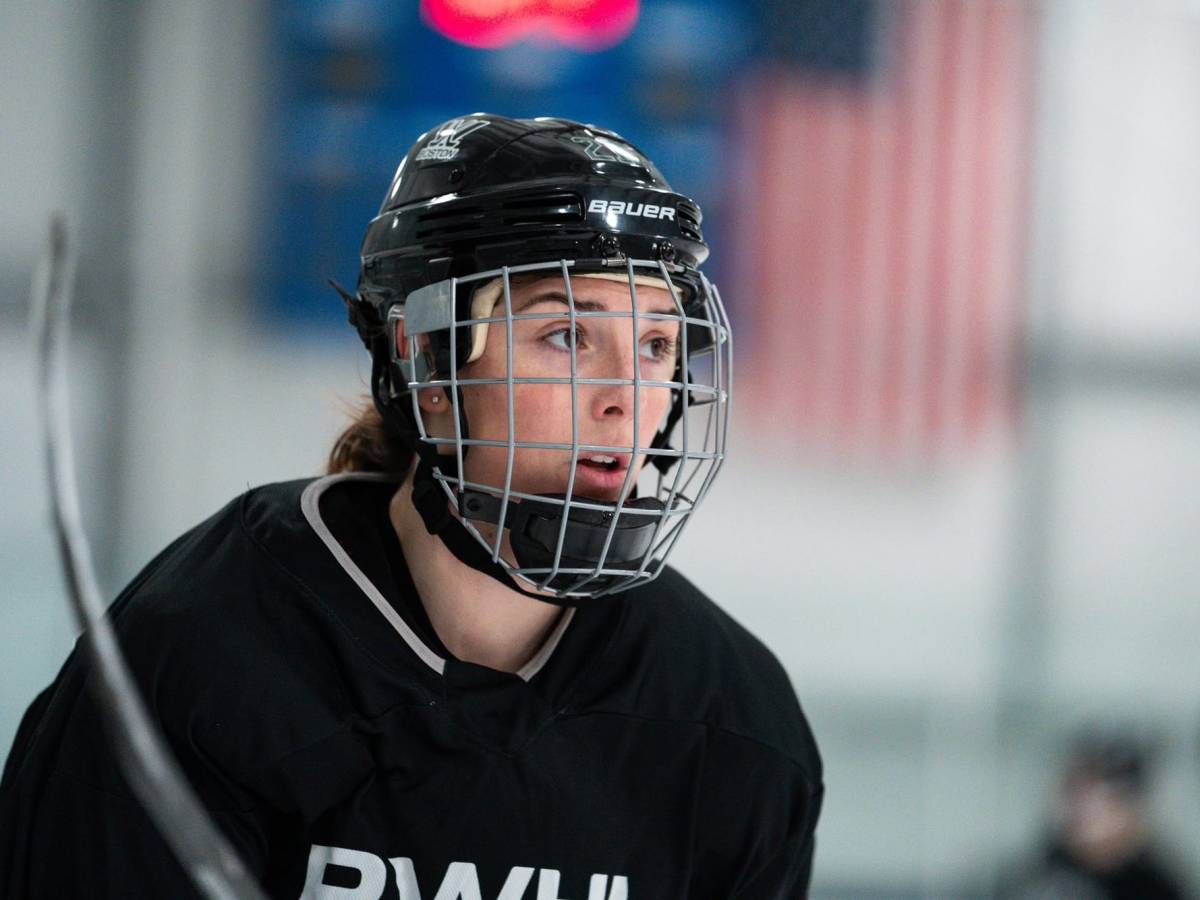 Close up of Hilary Knight in a black helmet and black jersey during a recent PWHL Boston practice