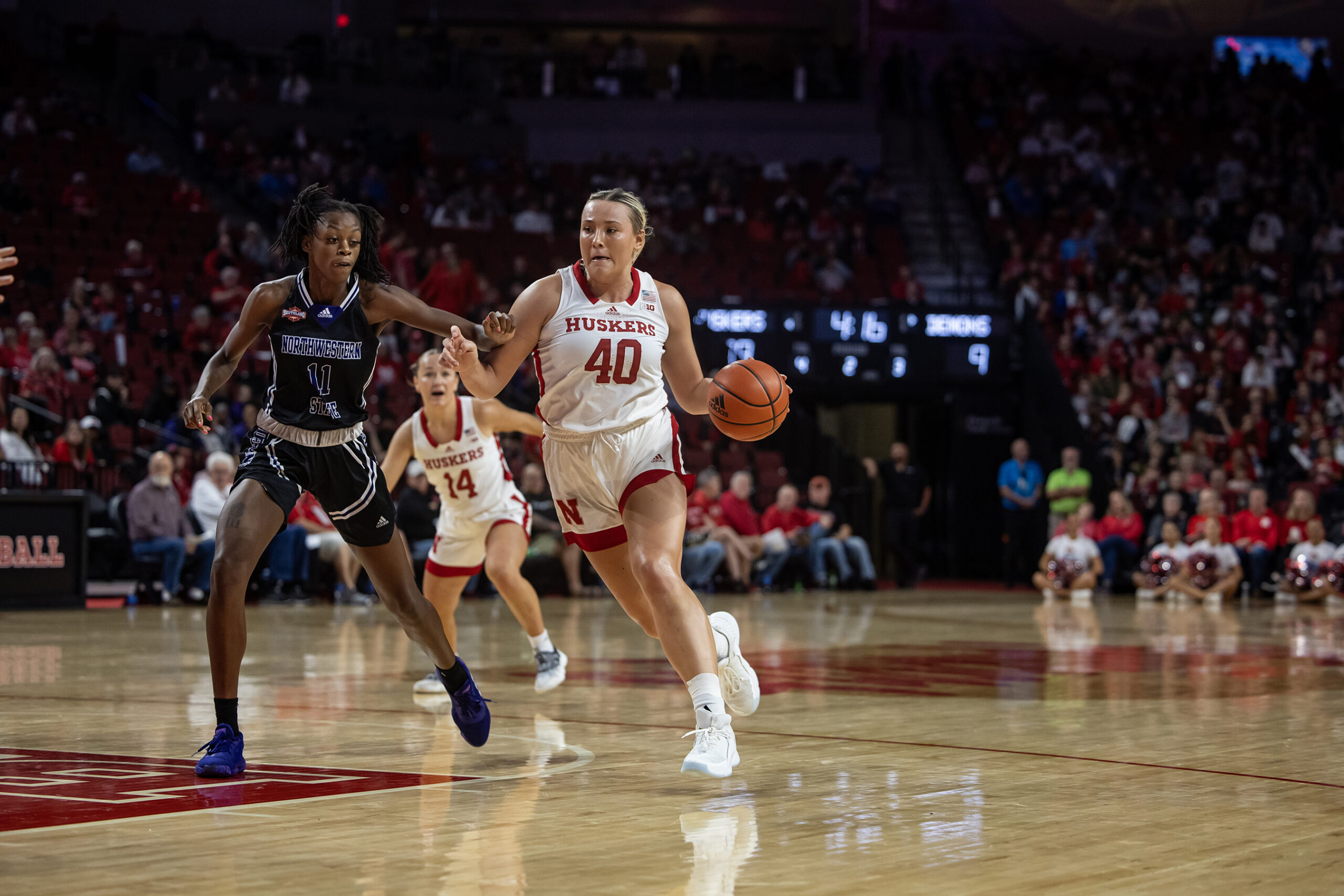 Alexis Markowski dribbles the ball for Nebraska against Northwestern State