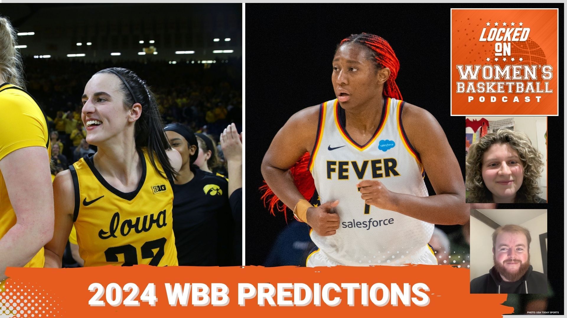 Graphic with a photo of Caitlin Clark on the left and Aliyah Boston on the right. Text overlay reads "2024 WBB Predictions."