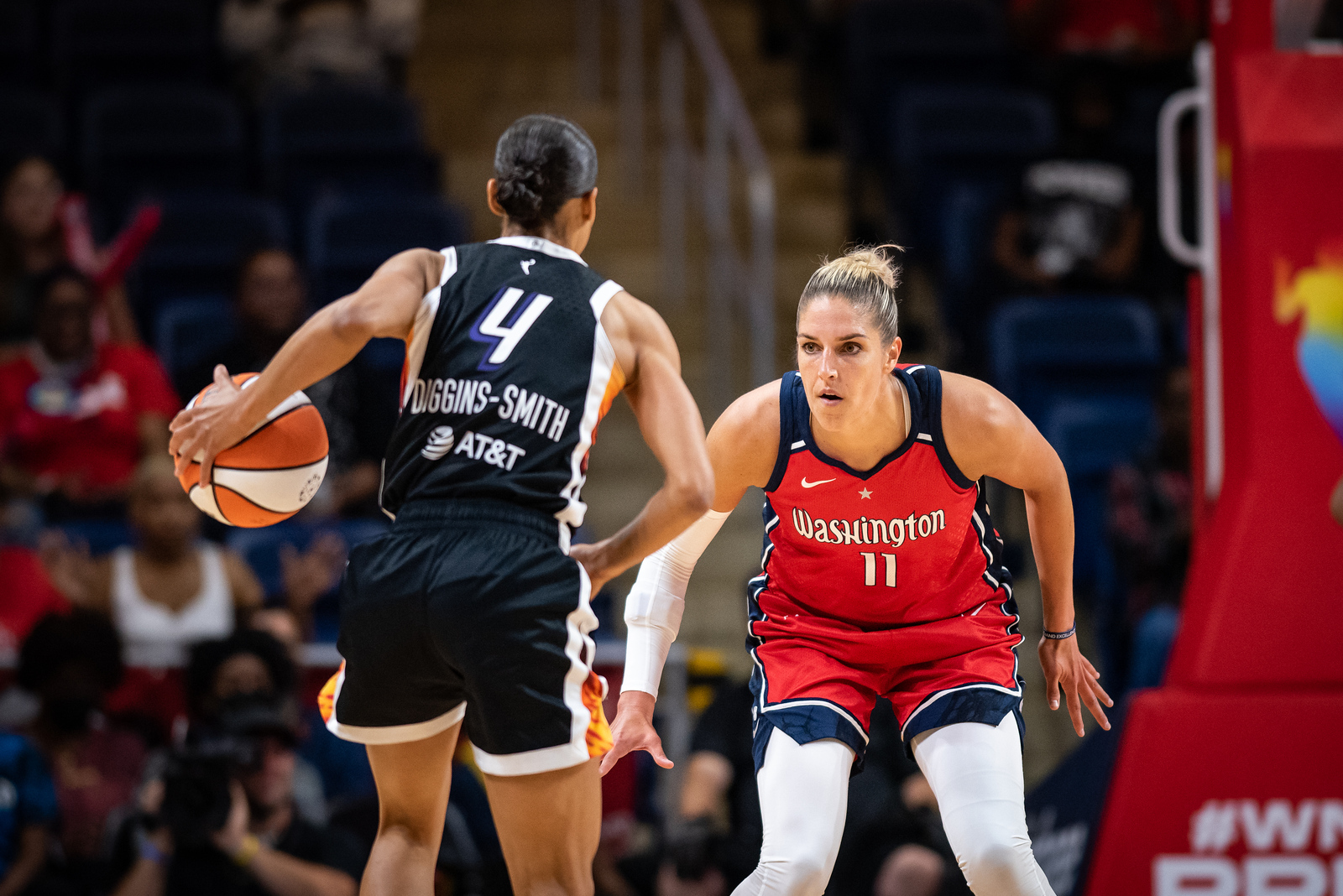 Two of the most notable players in free agency face each other on the court: Washington Mystics big wing Elena Delle Donne defends Phoenix Mercury point guard Skylar Diggins-Smith
