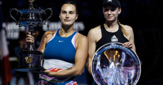 Jan 28, 2023; Melbourne, Victoria, Australia; Aryna Sabalenka of Belarus and Elena Ribakina of Kazakhstan pose with their trophies after the women’s singles final in the women’s singles final on day thirteen of the 2023 Australian Open tennis tournament at Melbourne Park. Mandatory Credit: Mike Frey-USA TODAY Sports