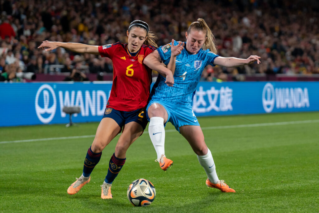 Aug 20, 2023; Sydney, AUSTRALIA; Aitana Bonmati (6 Spain) and Keira Walsh (4 England) fight for the ball during the FIFA Womens World Cup 2023 Final football match between Spain and England at Stadium Australia in Sydney, Australia.  Mandatory Credit: Noe Llamas/Sipa USA via USA TODAY Sports
