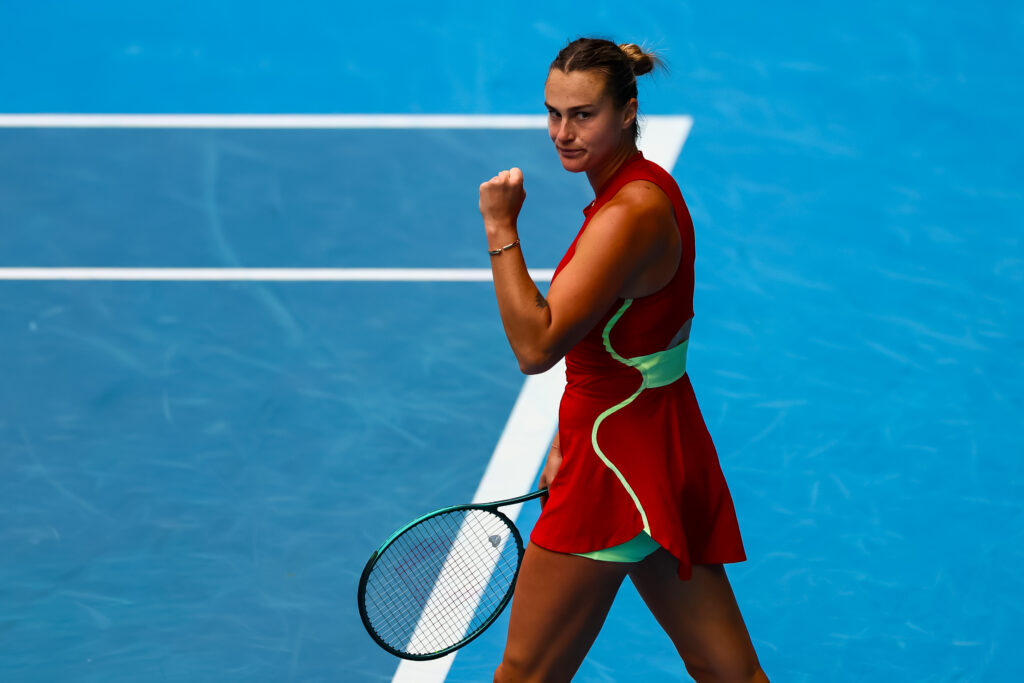 Aryna Sabalenka of Belarus reacts after winning a point against Lesia Tsurenko (not pictured) of Ukraine in Round 3 of the Women's Singles on Day 6 of the Australian Open tennis at Rod Laver Arena. Mandatory Credit: Mike Frey-USA TODAY Sports