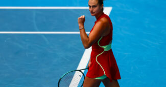 Aryna Sabalenka of Belarus reacts after winning a point against Lesia Tsurenko (not pictured) of Ukraine in Round 3 of the Women's Singles on Day 6 of the Australian Open tennis at Rod Laver Arena. Mandatory Credit: Mike Frey-USA TODAY Sports