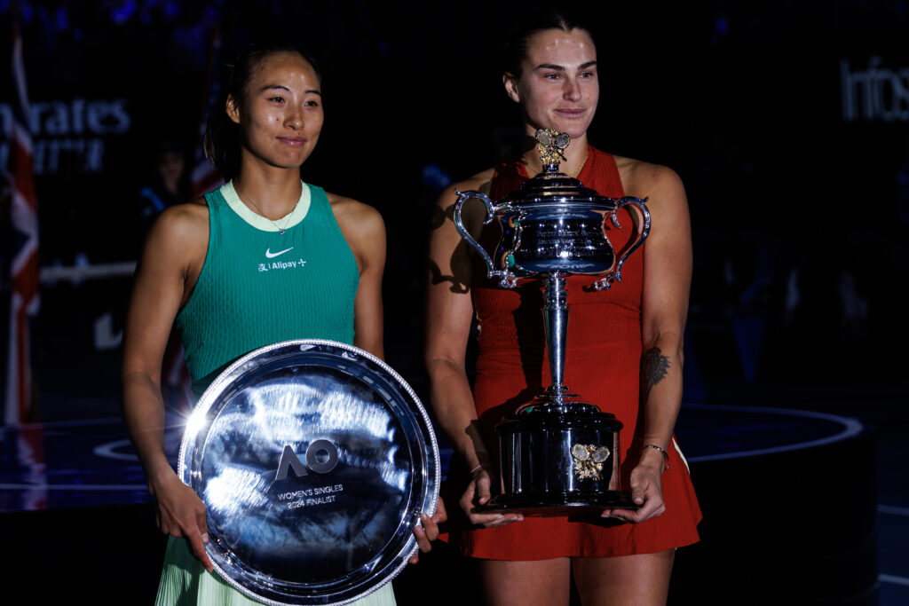 Jan 27, 2024; Melbourne, Victoria, Australia; Winner off the women's singles title Aryna Sabalenka of Belarus and runner-up, Qinlwen Zhang of China, pose with their trophies after the final at the Australian Open. Mandatory Credit: Mike Frey-USA TODAY Sports