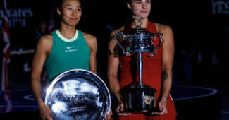 Jan 27, 2024; Melbourne, Victoria, Australia; Winner off the women's singles title Aryna Sabalenka of Belarus and runner-up, Qinlwen Zhang of China, pose with their trophies after the final at the Australian Open. Mandatory Credit: Mike Frey-USA TODAY Sports