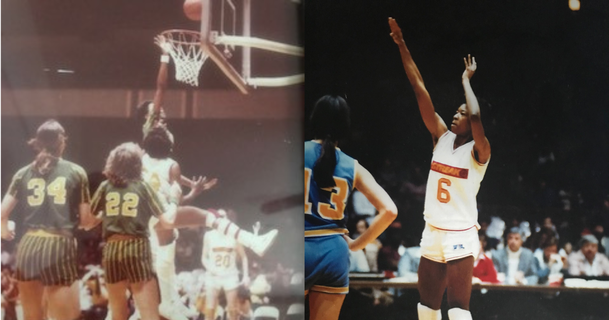 On the left, Tonyus Chavers tips in the missed shot as a member of the Iowa Cornets against her previous team, the St. Louis Streak. On the right: Tonyus Chavers shoots a free throw as a member of the St. Louis Streak.