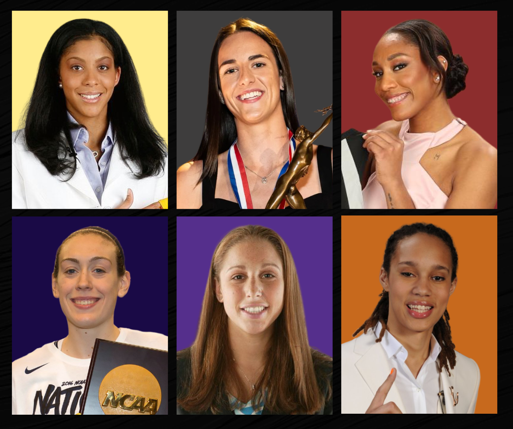 Six of the top prospects in WNBA history — Candace Parker, Caitlin Clark, A'ja Wilson, Breanna Stewart, Diana Taurasi and Brittney Griner — pictured in a graphic.