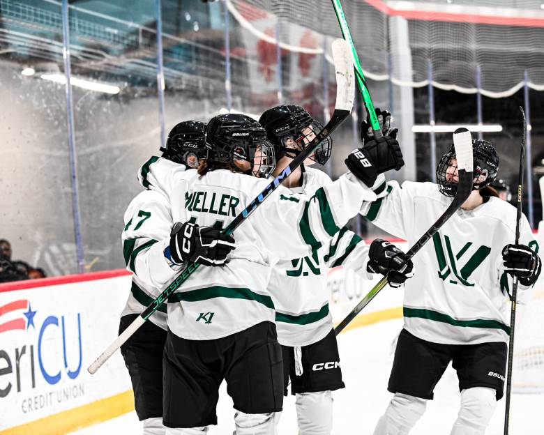 Members of PWHL Boston celebrate a goal during a pre-season game in Utica.