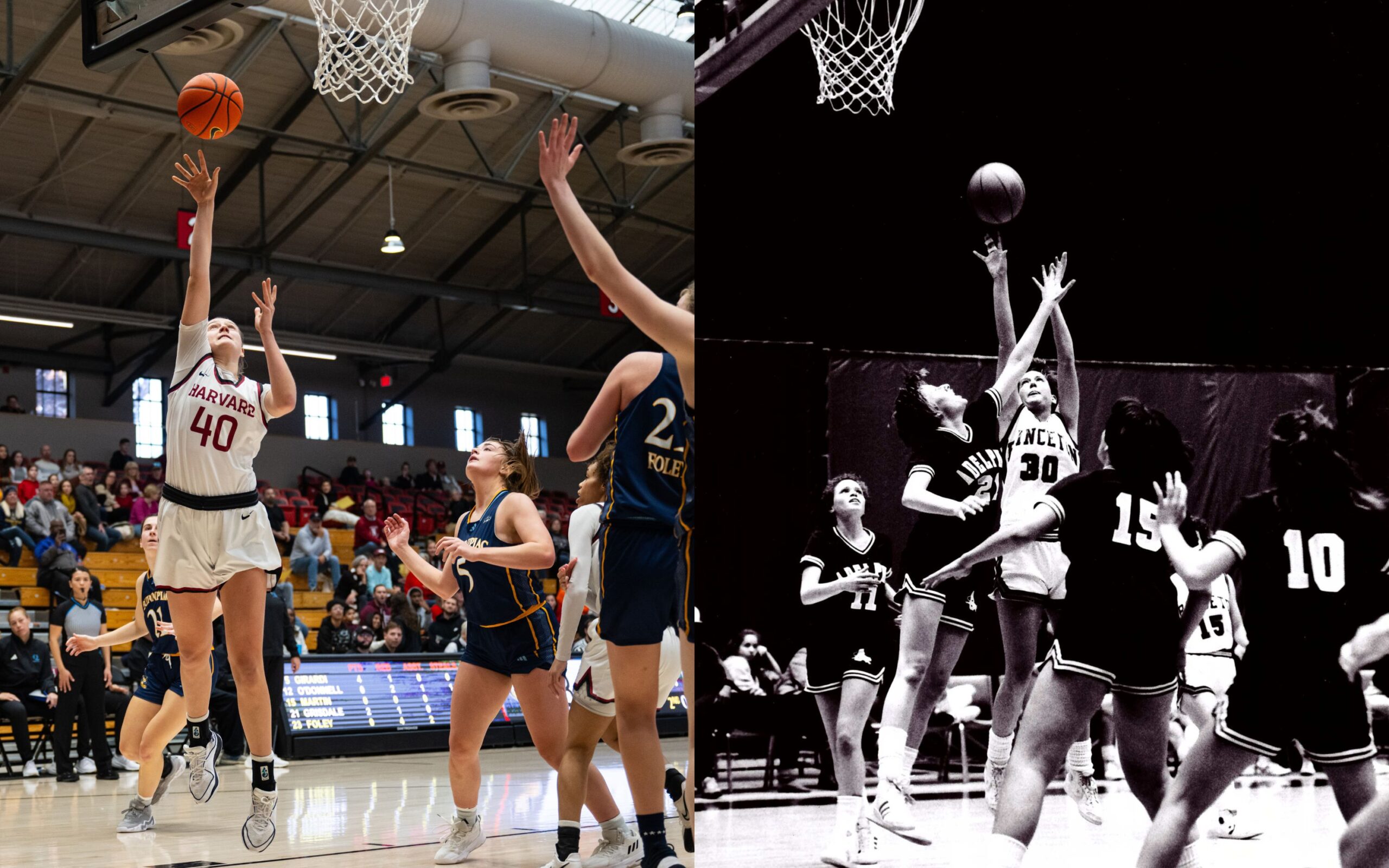 Two similar photos are shown side by side. At left, Harvard freshman Abigail Wright shoots a right-handed layup as Quinnipiac defenders are late to contest. At right, a black-and-white photo of former Princeton star Ellen DeVoe shooting a right-handed jump shot near the basket over an Adelphi defender's outstretched arm.