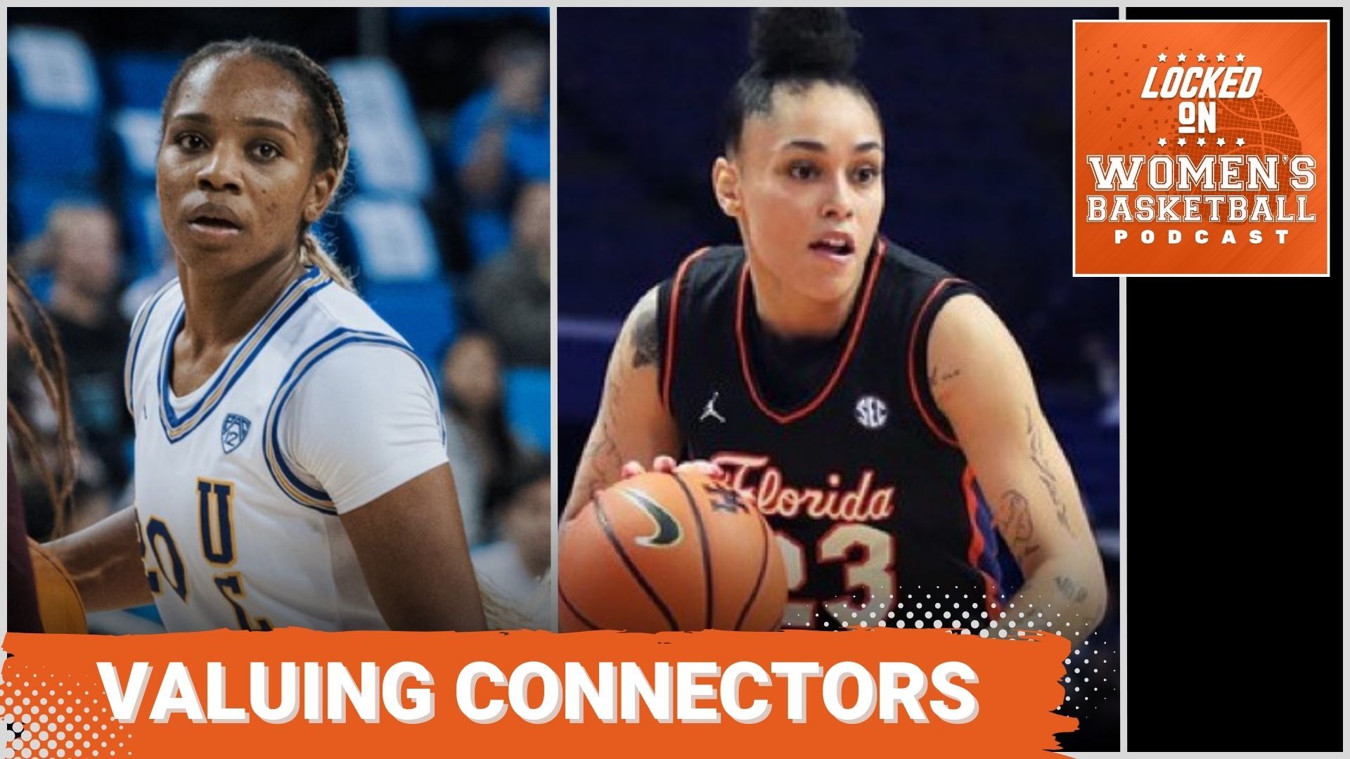 Close-up photos of UCLA guard Charisma Osborne and Florida guard Leilani Correa are shown side-by-side. The text "Valuing connectors" is overlaid at the bottom in all caps, and the orange Locked on Women's Basketball logo is in the top right corner.