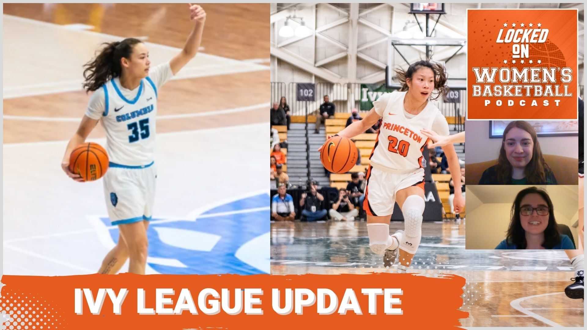 Side by side photo of Ivy League players overlayed on the Locked on WBB format that reads "Ivy League Update"