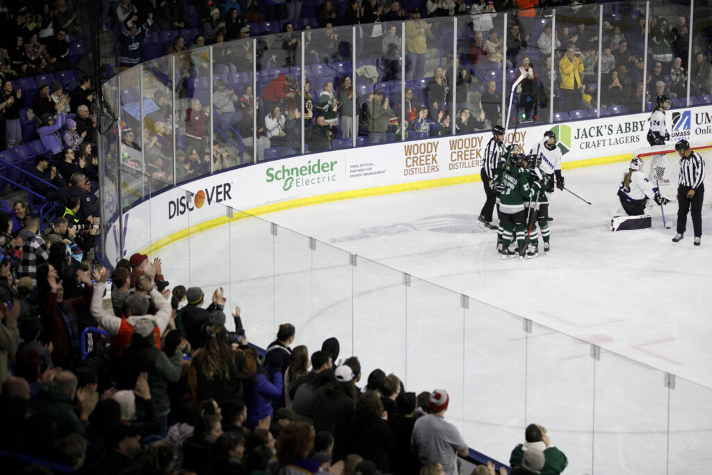 PWHL Boston celebrates a goal in Lowell, MA on Jan. 27, 2024. (Photo by Michelle Jay)