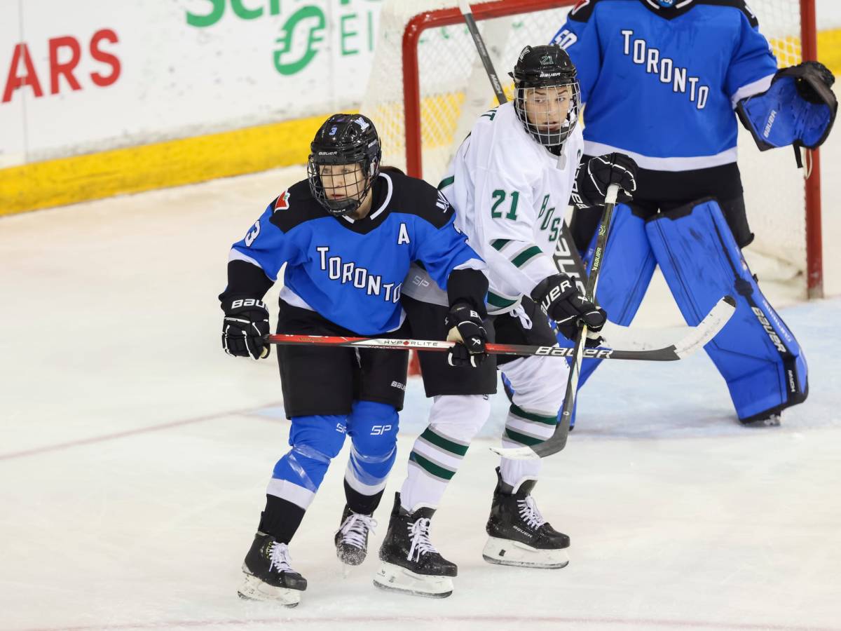 Hilary Knight, wearing a white away uniform, and Jocelyne Larocque, wearing a blue home uniform, battle for positioning.