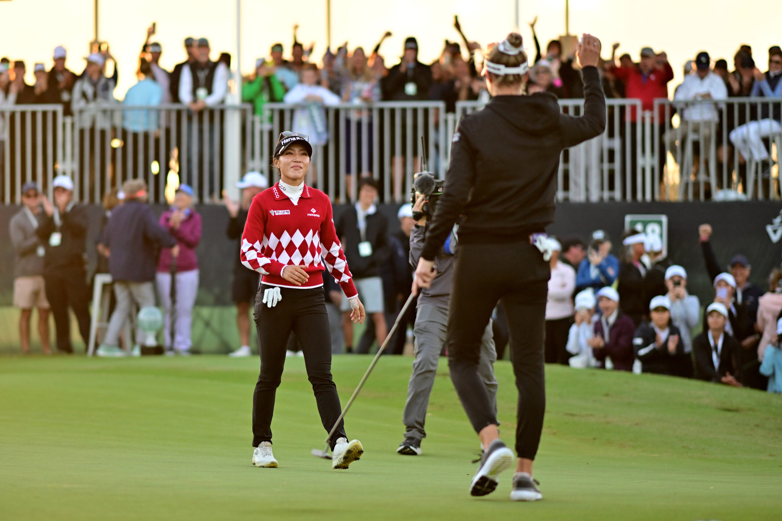 BRADENTON, FLORIDA - JANUARY 28: Nelly Korda of the United States celebrates a victory over Lydia Ko of New Zealand on the second play-off hole during the final round of the LPGA Drive On Championship at Bradenton Country Club on January 28, 2024 in Bradenton, Florida. (Photo by Julio Aguilar/Getty Images)