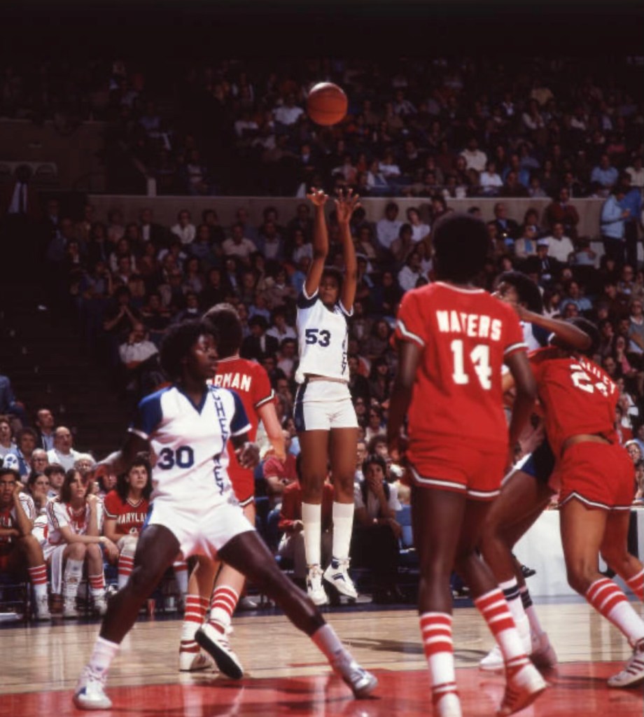 Valerie Walker shoots against Maryland in the 1982 NCAA Division I women's basketball Final Four