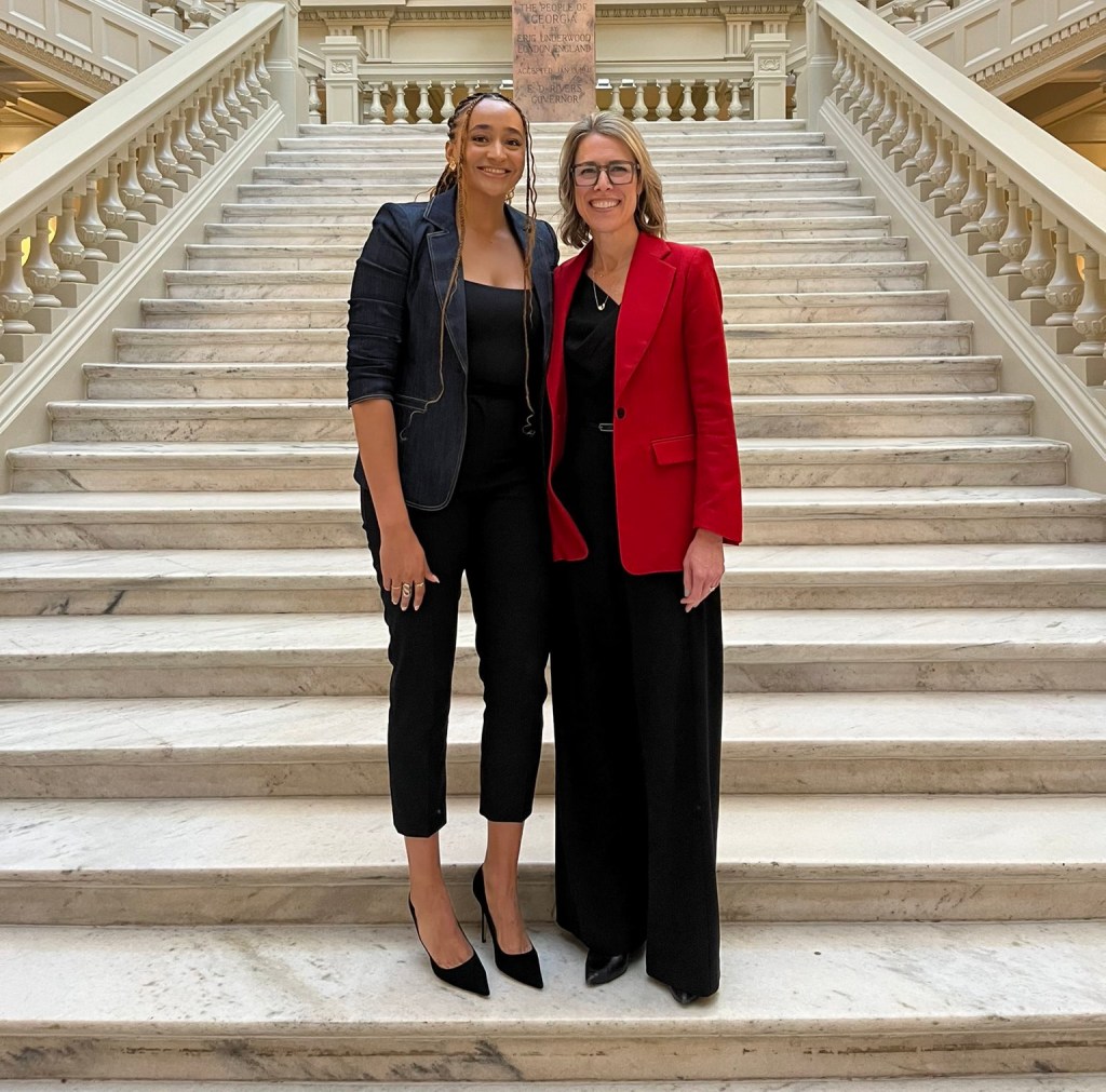Haley Jones (left), pictured alongside Atlanta Dream president Morgan Shaw Parker (right) at the Georgia State Capitol on Feb. 7, 2024