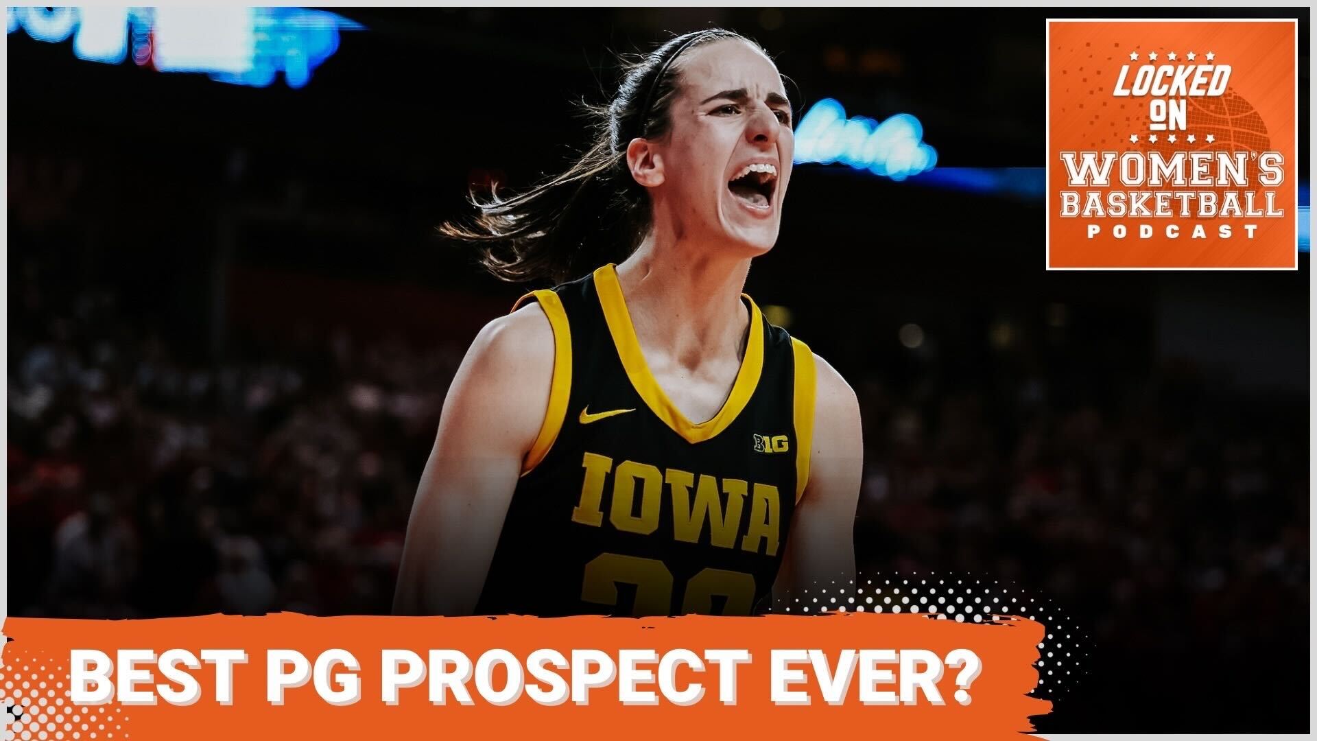 Iowa guard Caitlin Clark is pictured over the title text that reads, 'Best PG prospect ever?'