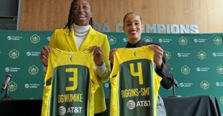 Nneka Ogwumike and Skylar Diggins-Smith pose for photos at their intro presser with the Seattle Storm on Monday, Feb. 19, 2024. (Bella Munson photo)