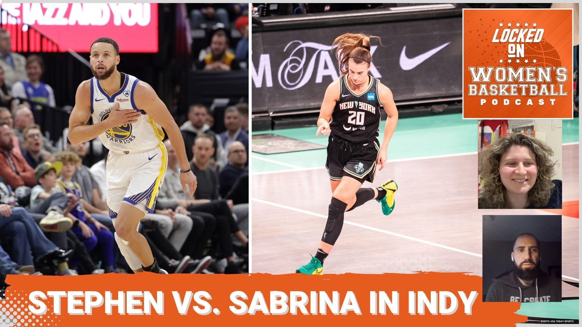 Steph Curry (L) and Sabrina Ionescu (R) are pictured in side-to-side thumbnails over the label "Stephen vs. Sabrina in Indy"