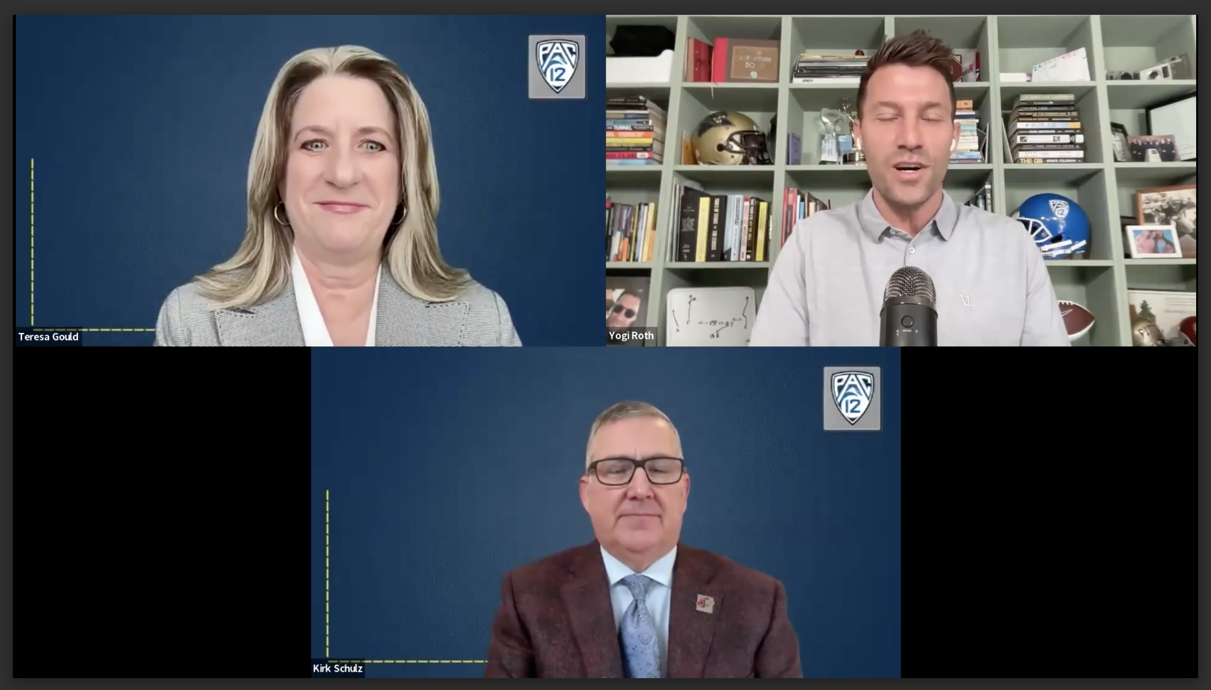 A screenshot of new Pac-12 commissioner Teresa Gould, Washington State president Kirk Schulz and Pac-12 host Yogi Roth speaking in a virtual press conference.