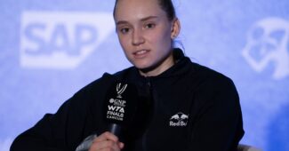 Nov 3, 2023; Cancun, Mexico; Elena Rybakina (KAZ) in her press conference after her match against Aryna Sabalenka on day six of the GNP Saguaros WTA Finals Cancun. Mandatory Credit: Susan Mullane-USA TODAY Sports