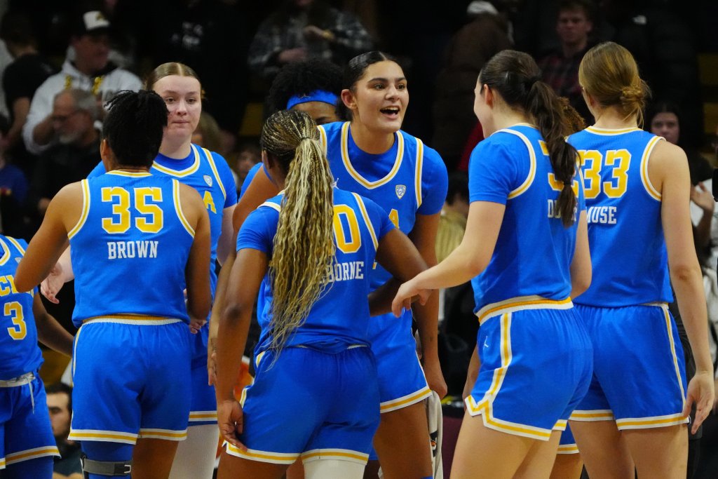 The UCLA Bruins celebrate after a win.
