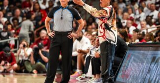 Feb 11, 2024; Columbia, South Carolina, USA; South Carolina Gamecocks head coach Dawn Staley disputes a call against the UConn Huskies in the second half at Colonial Life Arena. Mandatory Credit: Jeff Blake-USA TODAY Sports