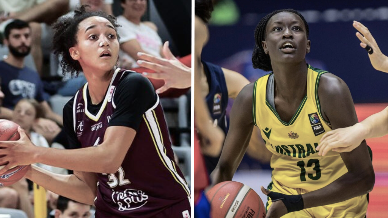 French guard Leïla Lacan pictured on the left; Australian forward Nyadiew Puoch pictured on the right