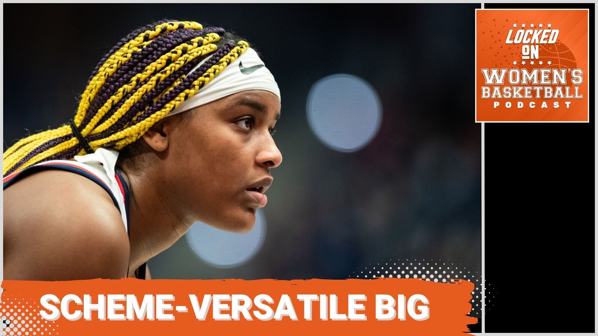 A close-up photo showing UConn big Aaliyah Edwards in profile, from the shoulder up. The text "Scheme-versatile big" is overlaid at the bottom in all caps, and the orange Locked On Women's Basketball logo is in the top right corner.