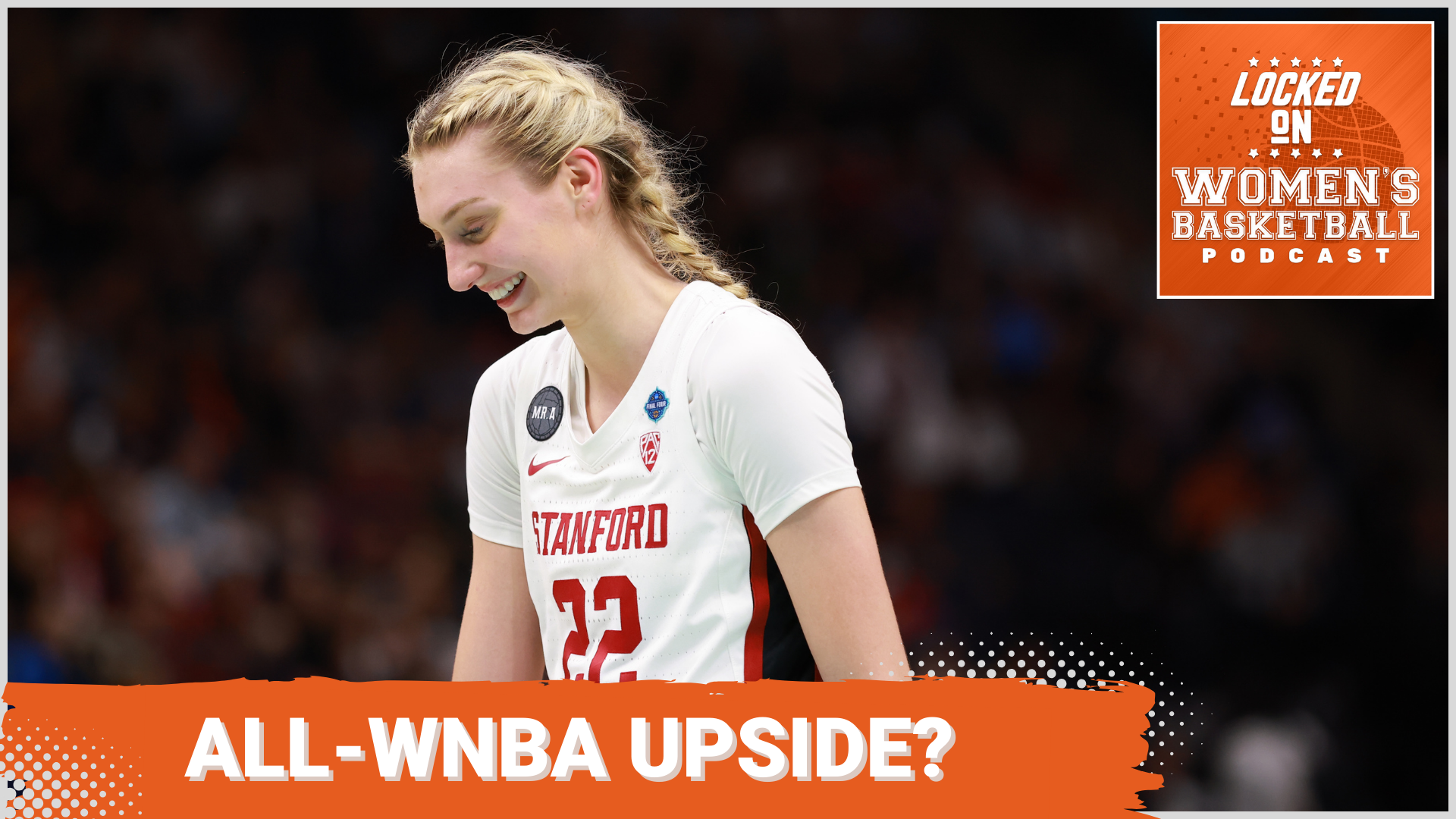 A graphic with a photo of Cameron Brink shown in profile and smiling during a game for Stanford. Text below reads "All-WNBA Upside?" The Locked On Women's Basketball logo is at top right.