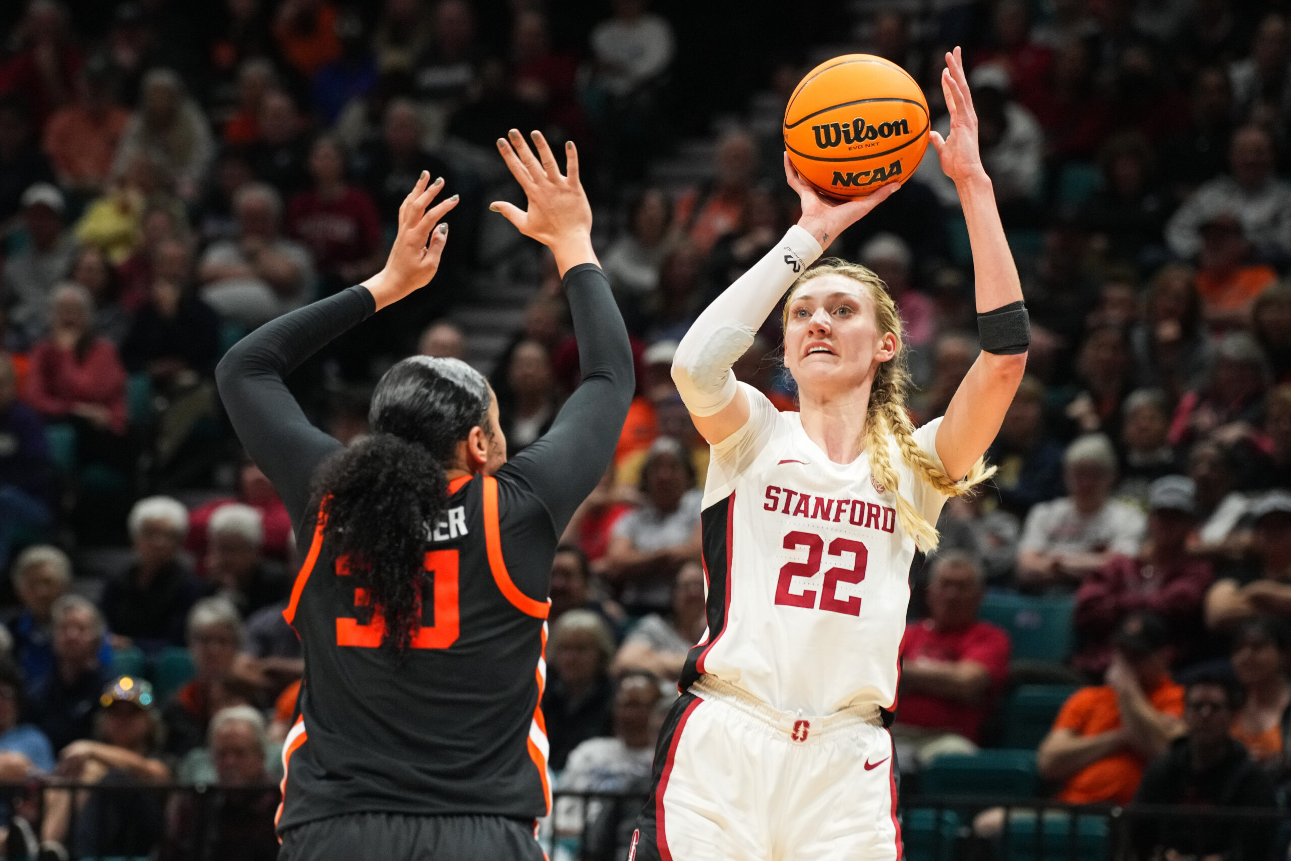 Stanford's Cameron brink goes up for a shot against Oregon State's Timea Gardiner.