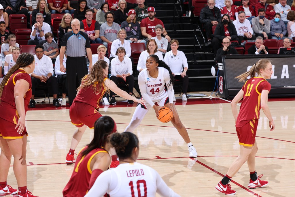 Stanford junior forward Kiki Iriafen squares up to the basket during her 41-point night in the Cardinal's 87-81 overtime win over Iowa State in the second round of the NCAA Tournament on Sunday, March 24, 2024 at Maples Pavilion in Stanford, Calif. (Photo courtesy of Stanford Athletics)