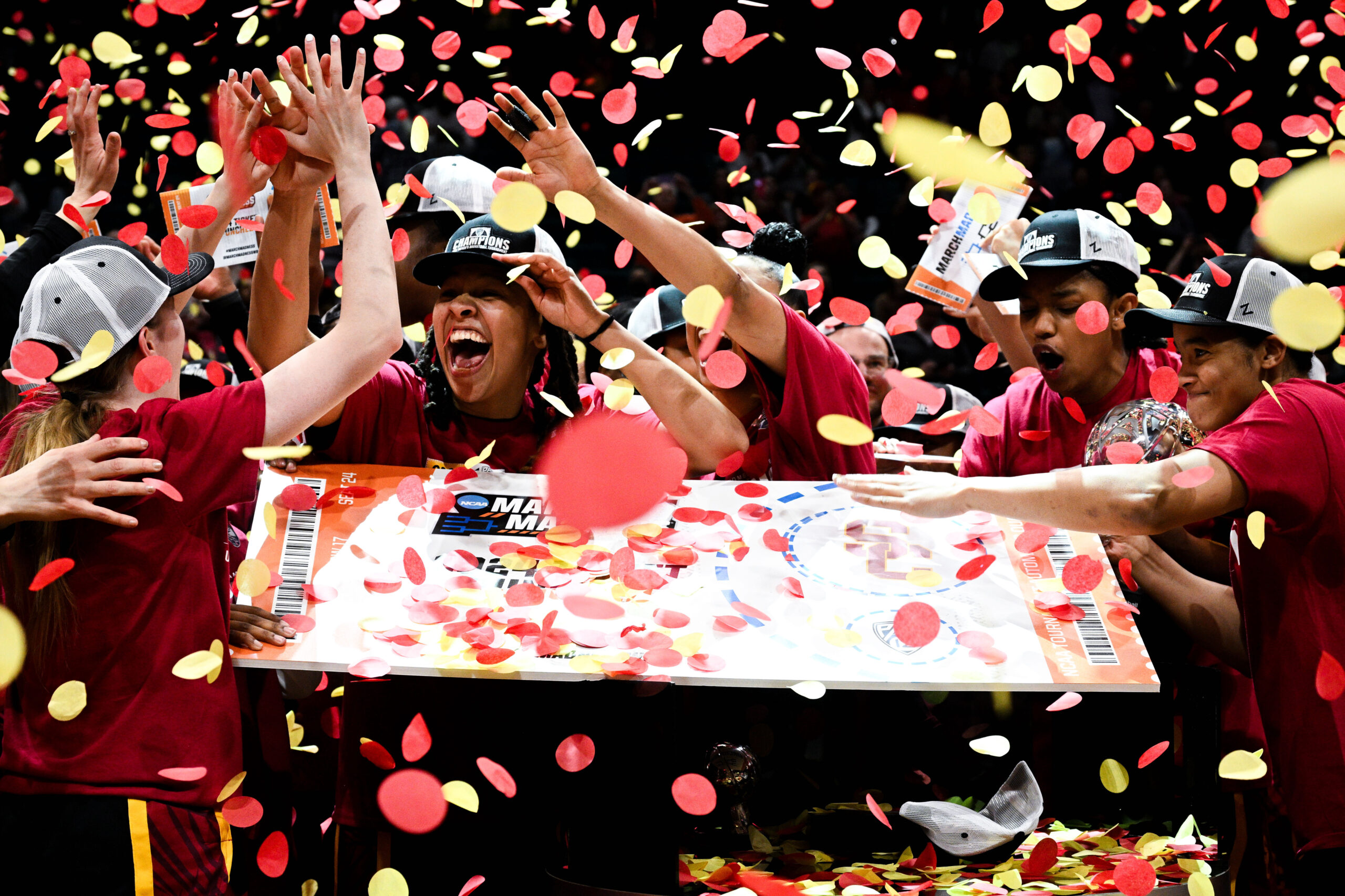 USC celebrates punching its ticket to the NCAA Tournament after beating Stanford in the Pac-12 Tournament championship game on March 10, 2024 in Las Vegas. (Photo courtesy of the Pac-12 Conference)