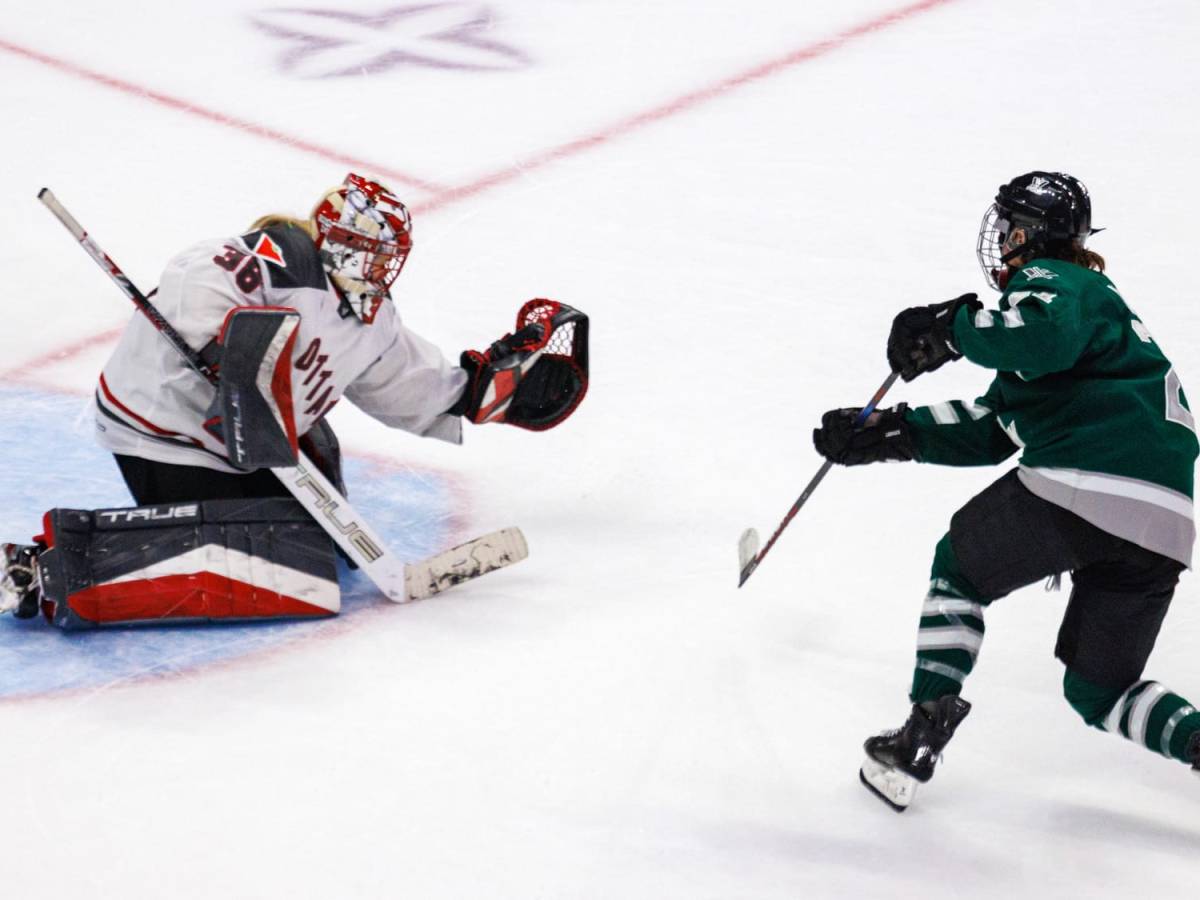 Maschmeyer is going for a low glove save, while Knight beats her up high. Knight is in green, Maschmeyer in white.