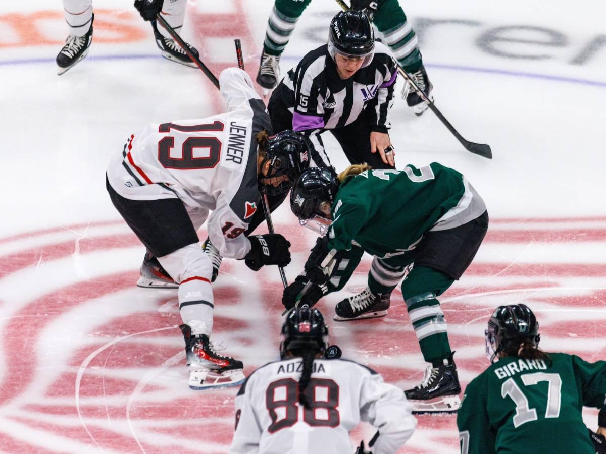 Hannah Brandt and Brianne Jenner at the face off draw in Detroit MI (Photo Cred: PWHL)