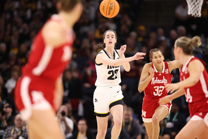 Caitlin Clark of Iowa passes during Big Ten Championship game